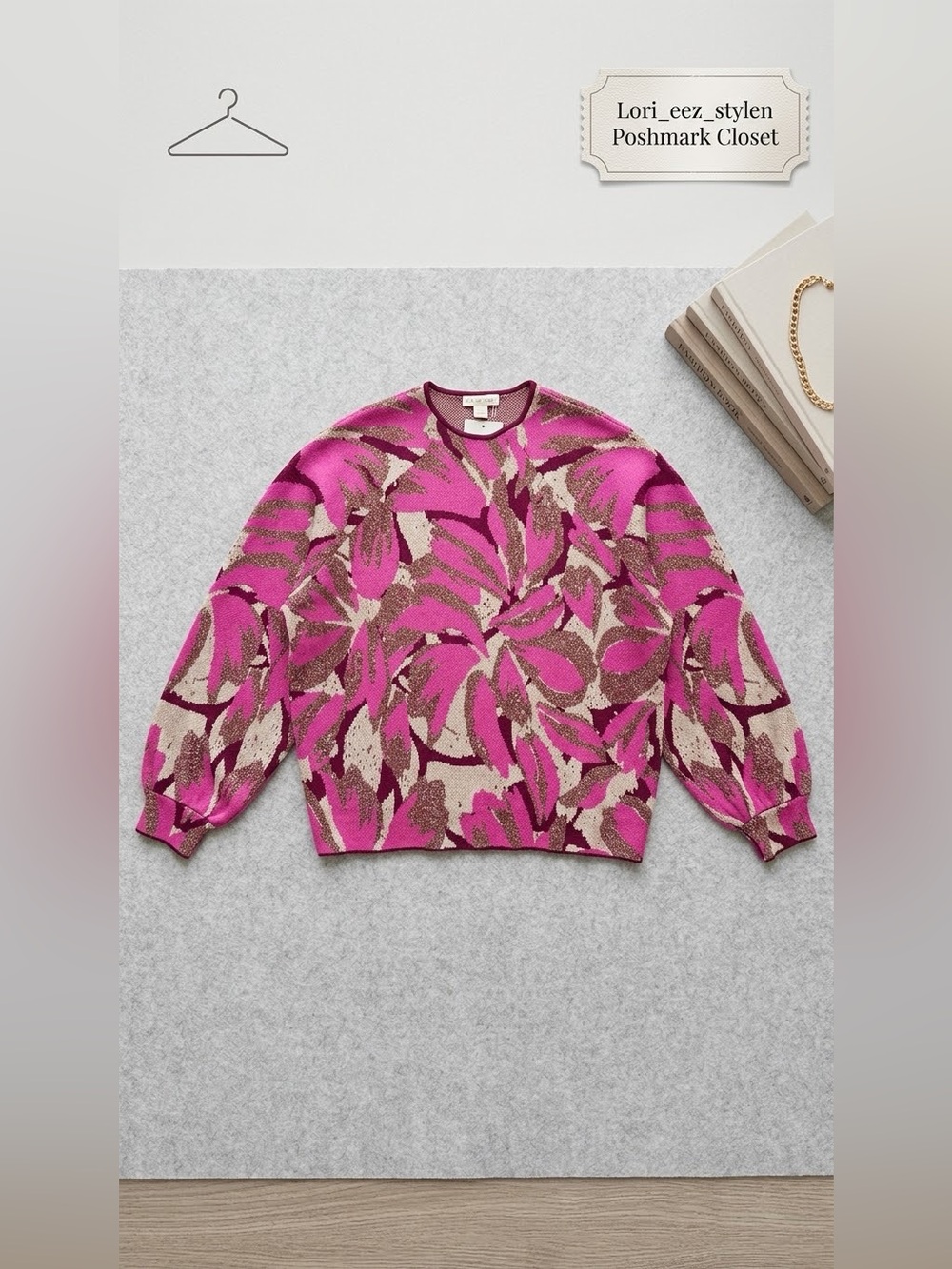 Anthropologie Pink and Beige Leaf-Print Crewneck Sweater